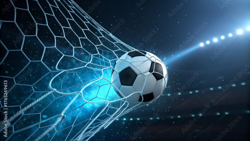 Fototapeta premium Experience the thrill of victory with a soccer ball hitting the net under stadium lights, perfect for sports marketing or highlighting athletic achievement and competitive spirit