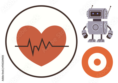 Heartbeat within red heart, robotic figure, and target shape. Ideal for technology, healthcare, AI, robotics, precision diagnostics innovation. Simple flat metaphor
