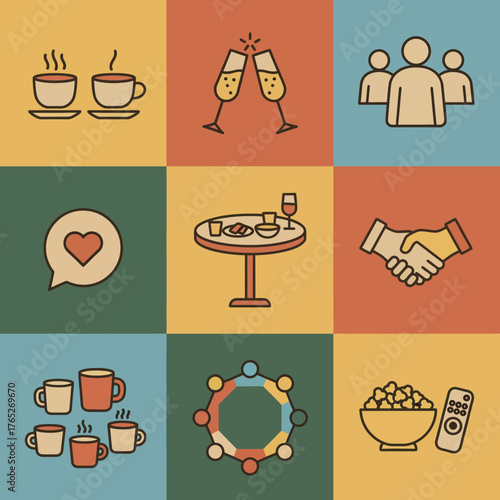 Networking and Social Interaction Icons Representing Connection and Leisure Activities