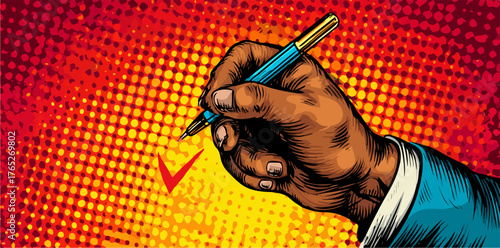 A vector illustration highlighting a hand with a pen marking a checkmark, symbolizing approval, completion, or confirmation in a vibrant, pop art style.