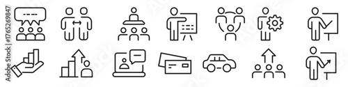 Set of Workshop and Coaching line icons. Outline icon collection related to training, coaching, mentoring, education, meetings, conferences, and teamwork. vector