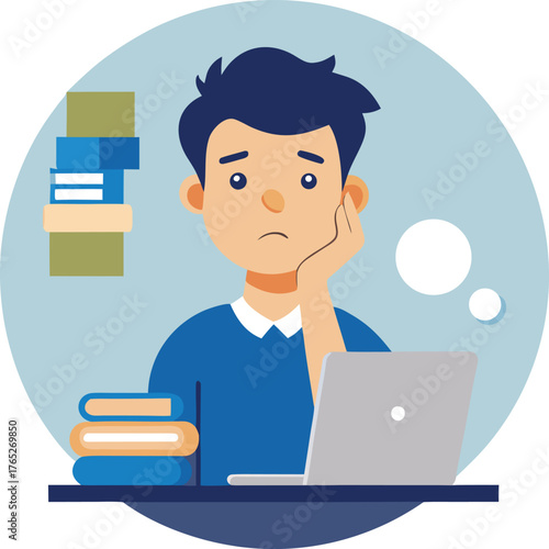 Illustration of a worried man with dark hair, resting his chin on his hand in front of a laptop. Books are stacked beside him, conveying stress or study.