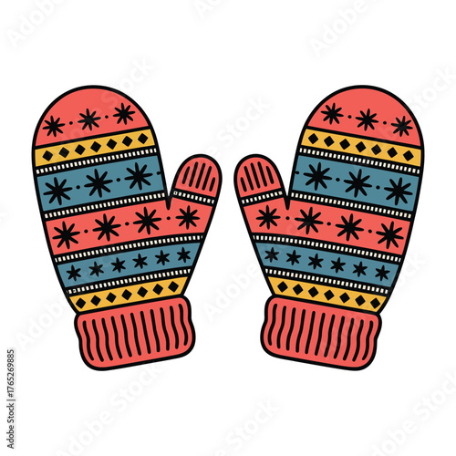 Pair of colorful knitted mittens with snowflake pattern gloves winter