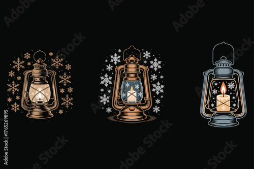 Vintage kerosene lanterns with snowflakes and candle flame lamp light