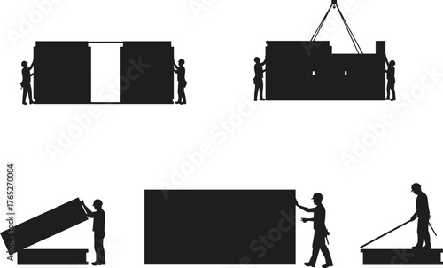 Silhouette workers assembling modular construction panels, crane lifting prefabricated units, teamwork in building site, industrial assembly, structural installation, construction process