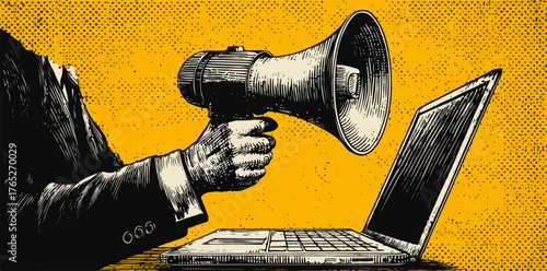 Ilustracja wektorowa przedstawia osobę trzymającą megafon nad laptopem na żółtym tle, symbolizującą komunikację i marketing cyfrowy.