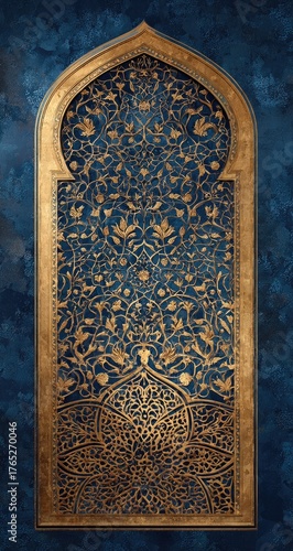 Ornate, gold archway against a textured, blue wall