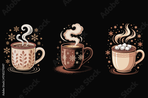 Three Mugs Of Hot Drinks With Steam And Winter Snowflakes beverage coffee