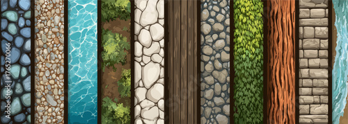 Zestaw wektorowych tekstur pionowych reprezentujących różne materiały, takie jak kamienie, woda, drewno, ściany i zieleń, idealne do projektów graficznych.