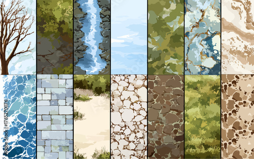 Zestaw różnorodnych tekstur wektorowych, idealny do projektowania gier, ilustracji i innych projektów graficznych, oferujący szeroki wybór wzorów.