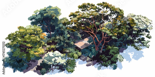 Wektorowy krajobraz przedstawiający różnorodne drzewa i roślinność, tworzący spokojną i naturalną scenę, idealną do projektów graficznych.