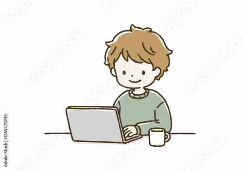 Ilustracja wektorowa przedstawiająca młodego mężczyznę pracującego zdalnie na laptopie, siedzącego przy biurku z kubkiem kawy.