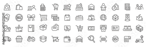 Shopping line icon set. Supermarket, cart, online shopping, commerce, mobile shop, testimonials, shipping, purchase, Package, basket, bag line icon set. vector