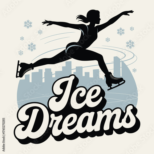 Silhouette of Figure Skater Performing Jump Over City Skyline Keywords: figure skating, ice