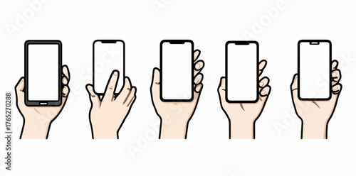 Ilustracja wektorowa przedstawiająca serię rąk trzymających smartfony z pustymi ekranami, idealna do prezentacji aplikacji mobilnych i projektów UI/UX.