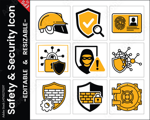Safety And Security Icons Vector Set Representing Cyber Protection And Workplace Hazard Prevention