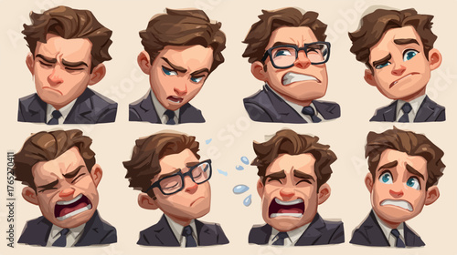 Zestaw kreskówkowych portretów wyrażających różne emocje i uczucia biznesmena w garniturze.