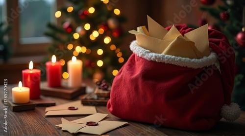 Christmas Sack with Letters and Candles Near Christmas Tree