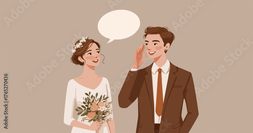 Młoda para w dniu ślubu rozmawia ze sobą z uśmiechem na twarzy