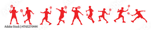  silhouettes of badminton players in various dynamic action.