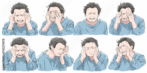 Zestaw ilustracji przedstawiających mężczyznę doświadczającego silnego stresu i niepokoju.