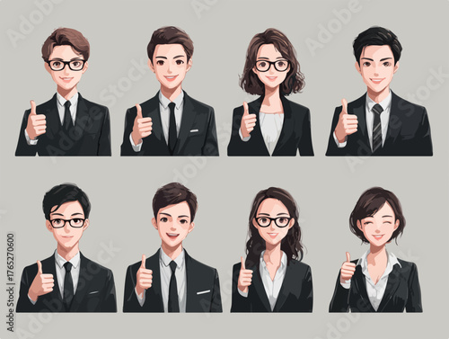 Grupa profesjonalistów w garniturach z kciukami w górę, symbolizująca sukces i pozytywne nastawienie w biznesie.