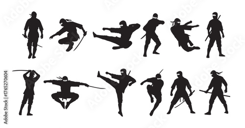  silhouettes of ninjas in dynamic poses showcasing martial.