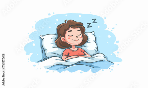 Dziewczynka śpi spokojnie w łóżku, otoczona miękkimi poduszkami i kołdrą, symbolizując odpoczynek i sen.