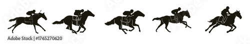 silhouettes of six jockeys riding galloping horses in