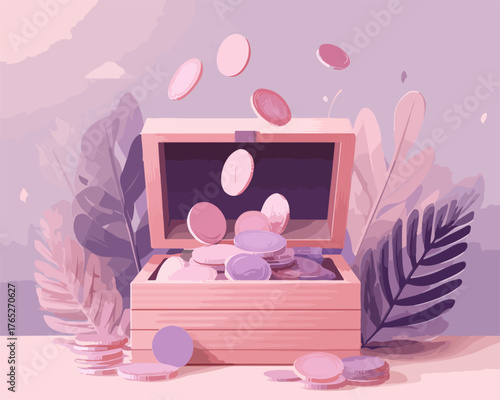 Otwarta skrzynia skarbów wypełniona monetami, spadającymi z góry w otoczeniu bujnej roślinności.