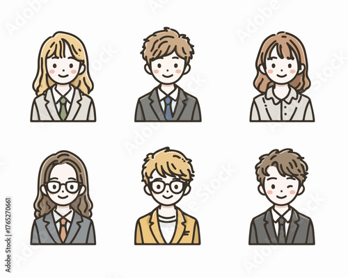 Zestaw sześciu uroczych, stylizowanych portretów biznesowych postaci w różnych stylach.