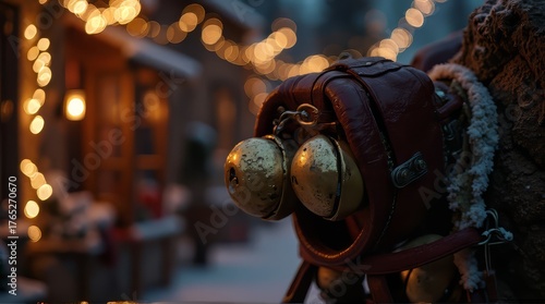 Jingle Bells on Leather Strap Near Village at Night