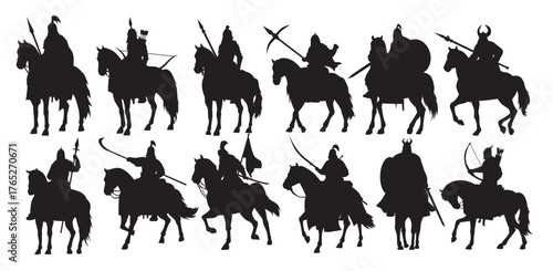 silhouettes of medieval warriors on horseback armed with