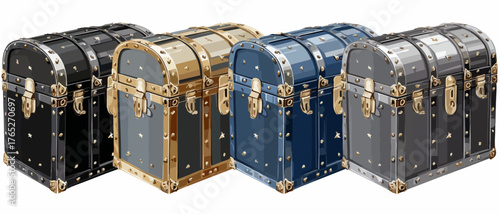 Cztery eleganckie kufry podróżne w różnych kolorach, ozdobione metalowymi okuciami i ćwiekami.