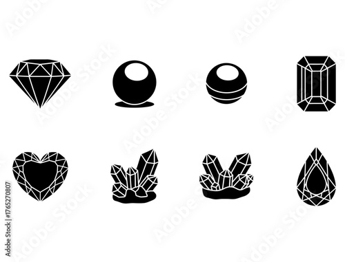 A collection of black gemstone and crystal icons including diamond, pearl, emerald, heart, and teardrop shapes