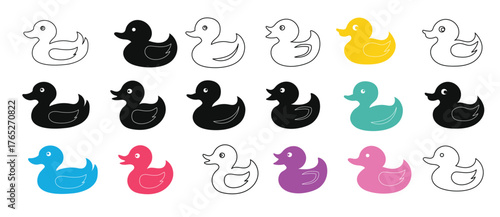 Set of rubber ducks and ducklings isolated on a white background. Black silhouettes, outlines, and colored versions. Concept of children's toys, bath time fun, cute cartoon animals, design elements.