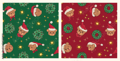 Vector Set of Green and Red Christmas Seamless Patterns with Cute Teddy Bears in Santa Hat with Christmas wreath and Shining Stars
