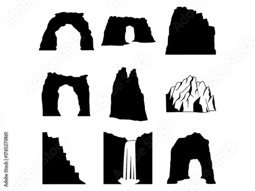 Collection of Silhouettes Representing Natural Caves, Arches, and Rocky Formations in Diverse Shapes