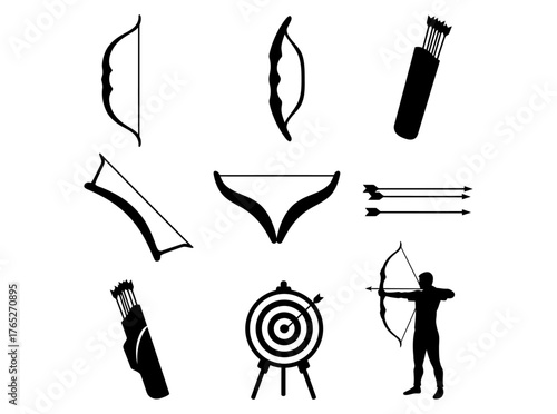 Detailed Archery Equipment Silhouettes Collection Bows, Arrows, Quivers, Target, and Archer Shooting Vector Graphics Set