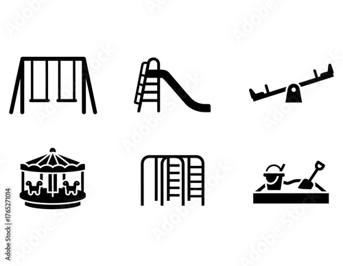 Essential vector icon set of diverse playground equipment featuring swings, slides, seesaws, and sandboxes