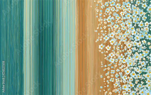 Wektorowa ilustracja abstrakcyjnego krajobrazu plażowego z turkusowymi falami, złocistym piaskiem i drobnymi, kwitnącymi roślinami.