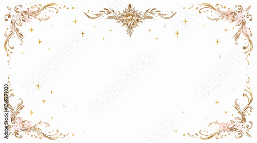 Elegancka, złota ramka wektorowa z delikatnymi różowymi kwiatami i błyszczącymi iskierkami na białym tle, idealna do zaproszeń i certyfikatów.