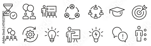 Set of Workshop and Coaching line icons. Outline icon collection related to training, coaching, mentoring, education, meetings, conferences, and teamwork. vector