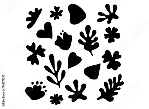 Black silhouette assortment of floral and heart-shaped elements, ideal for creative design and patterns