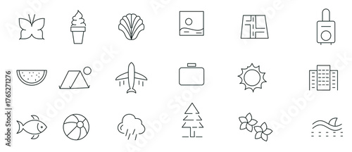 Summer vacation Editable line Icon set. Travel, sea, surfing, beach, hotel, airport, tickets, tour, relax outline icon collection. UI thin outline icons pack.