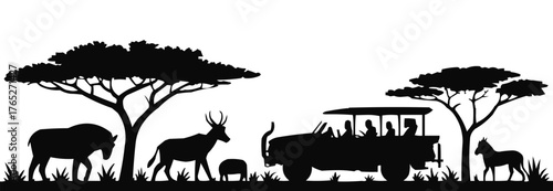 African Safari Silhouette Banner  Wildlife and Savanna Landscape Vector
