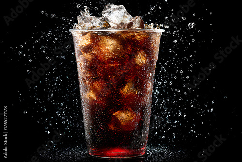 A clear plastic cup of fizzy dark soda with ice cubes splashing dramatically with condensation.