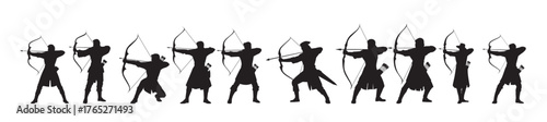 silhouettes of archers in various stances drawing bows and.