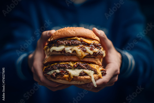 Delicious Double Cheeseburger Held in Hands Dripping with Melted Cheese.