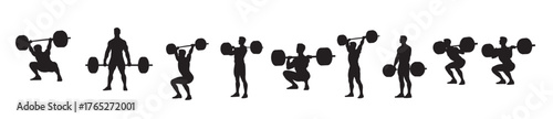 silhouettes of weightlifters performing barbell exercises.